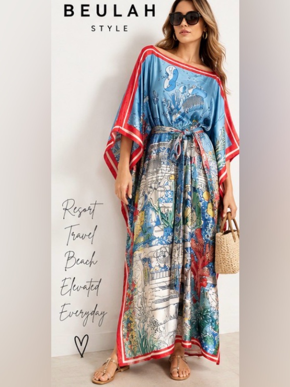 Beulah Style MJ3008 Blue Underwater Print Kaftan Maxi Dress One Size NWT